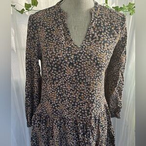 GAP Black Long-Sleeve Floral Ruffle Dress with Mustard and Cream Accents